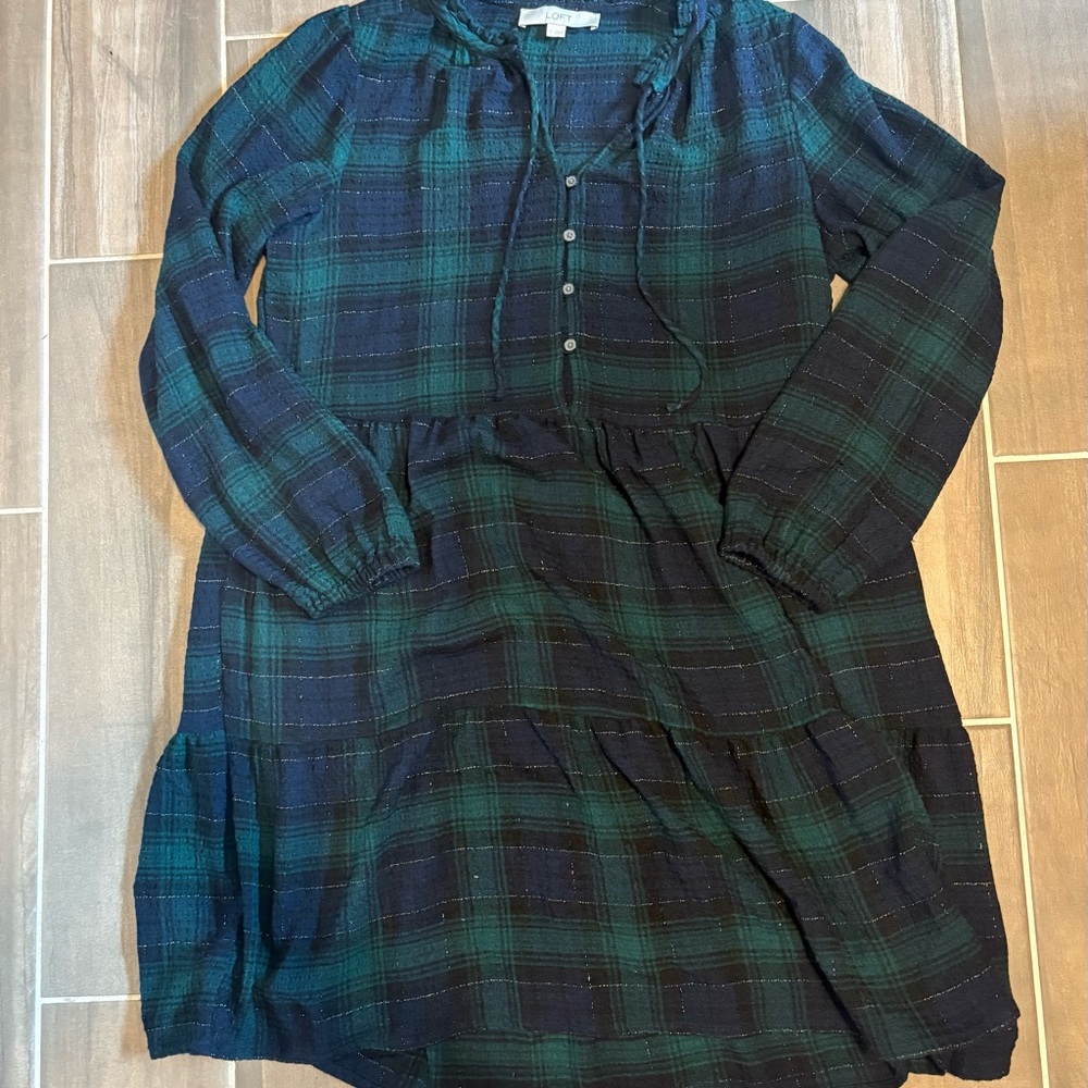 LOFT Textured Knit Dress in Navy and Green